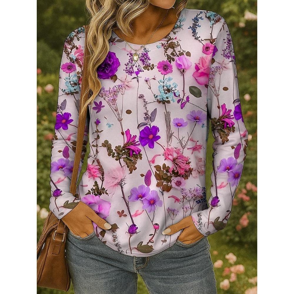 Women's 3D Colorful Floral Print T-shirt Fashion Long Sleeve Round Neck Regular Tops Holiday Weekend Spring Autumn