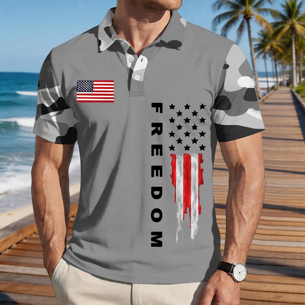 Men's Loose Fit Casual Short Sleeve Polo Shirt with Flag Print and FREEDOM Text Pattern Lightweight Breathable Summer Top