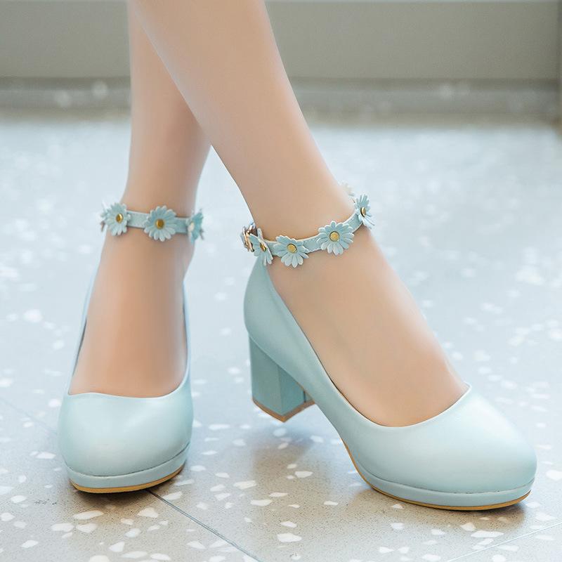 White Wedding Party Girls High Heels Pink Chunky High Heel Lolita Shoes Female Princess Flower Ankle Buckle Women Pumps 30-43