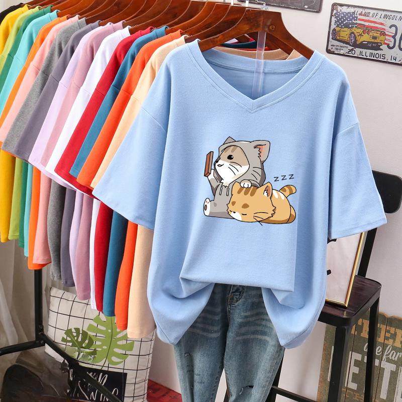 Kurzärmeliges T-Shirt, Locker sitzend, Schlankmachendes bedrucktes V-Ausschnitt-Top für Damen