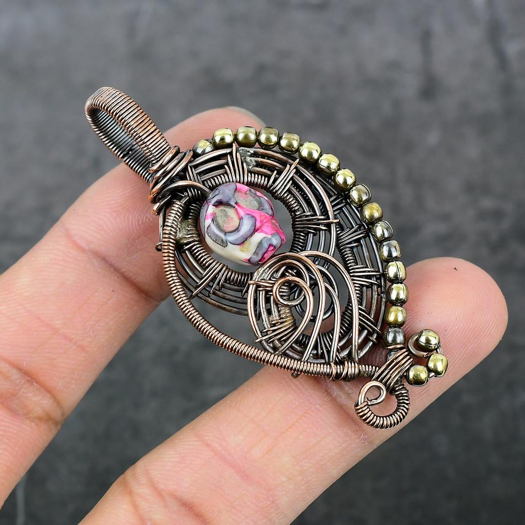 Natural Mosaic Jasper Gemstone Copper Wire Wrap Gift Jewelry Pendant 2.56" S2P25