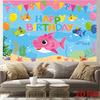 2D flat banner 1 piece. Underwater world shark background. Birthday party. Blue cartoon marine creatures decoration.