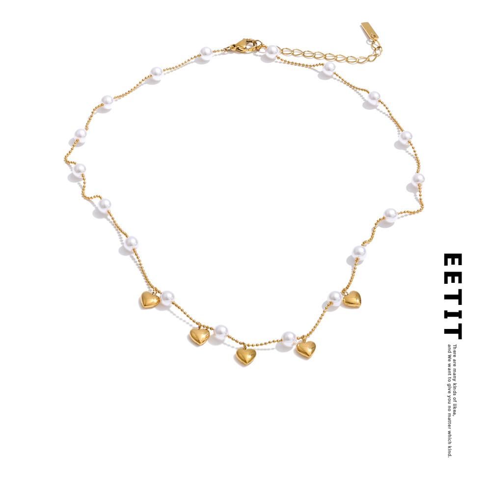 Eetit Korean Style Simulated Pearls Beads Chain Heart Drop Necklace for Women Fashion New Arrivals Chic Collar Jewelry Gala Gift