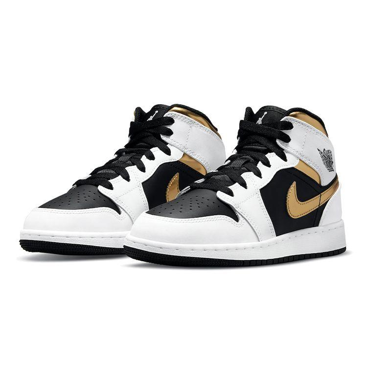 Air Jordan 1 Mid GS White Gold Kids Sneakers Multi-Color Black 554725-190
