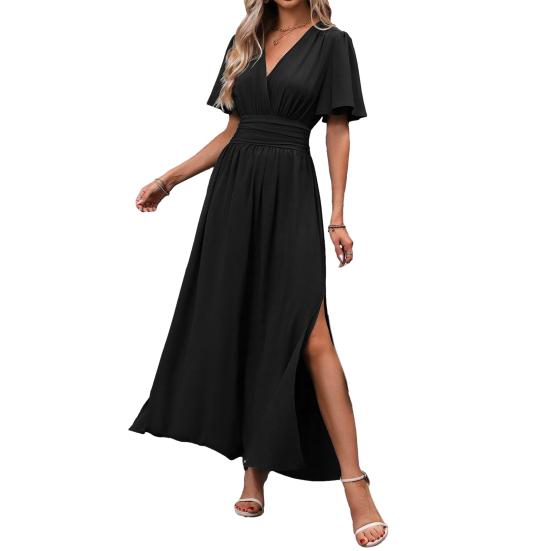 Women's Summer V Neck Maxi Dress, Short Sleeve Flowy A-line Slit Long Dress, Formal Wedding Guest Evening Dress