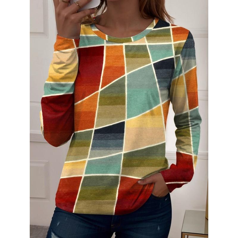 Women's T-Shirts Graphic Geometric Tees Fashion Stylish Long Sleeve T-shirts O-Neck Regular Tops Summer Casual Pullover