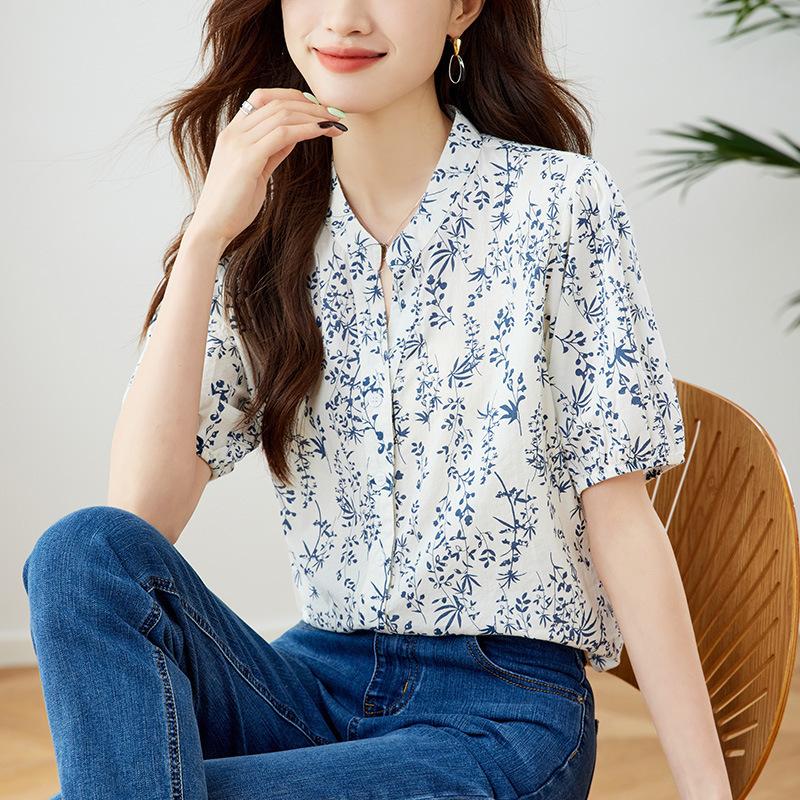 Blue and White Porcelain Small Floral Short-sleeved Blouse for Women In Summer Updated Style Updated Chinese Style Age-reducing Temperament Top