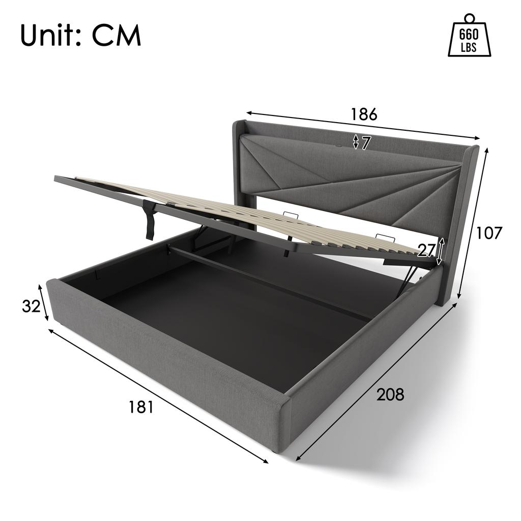 (=821415AAG)Upholstered Double Bed, Storage Box with USB Type C Charging Headboard, Linen Frame, Youth 180x200 with Slatted Frame (without Mattress)