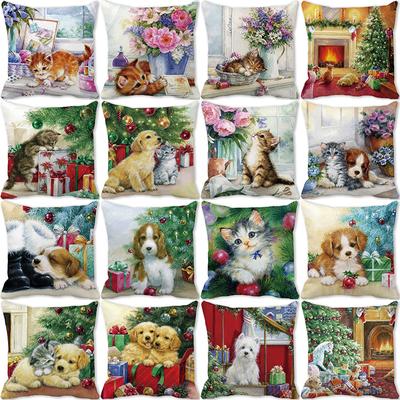 Housse d'oreiller Décoration de Noël Maison de ferme Décor de canapé Housse d'oreiller à jeter Housse d'oreiller chat chien animal de compagnie mignon Housse de coussin florale