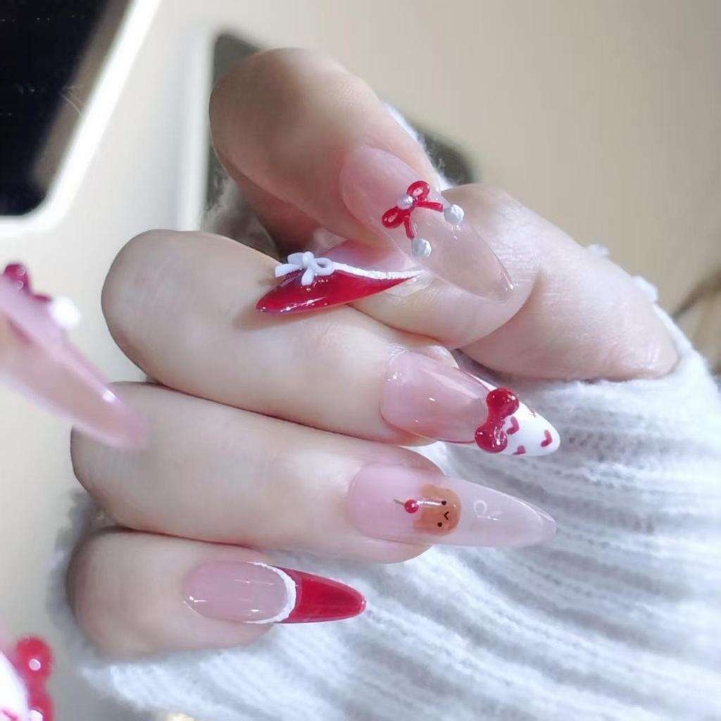 Festlicher Roter Bär Französische Schleife Handgefertigt Katzenauge Niedlich Girly Lange Nägel