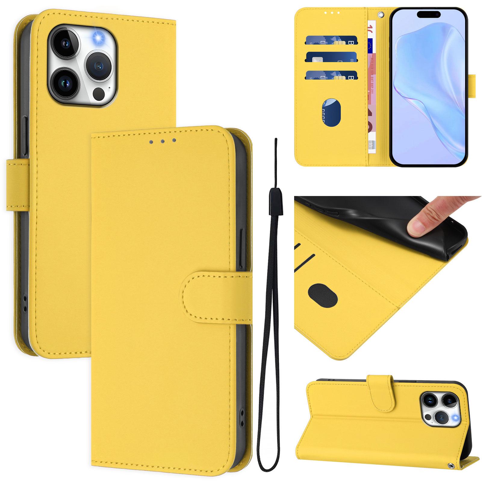

For iPhone 16 Pro Max Case Solid Color Wallet Leather Phone Cover with Strap Lemon