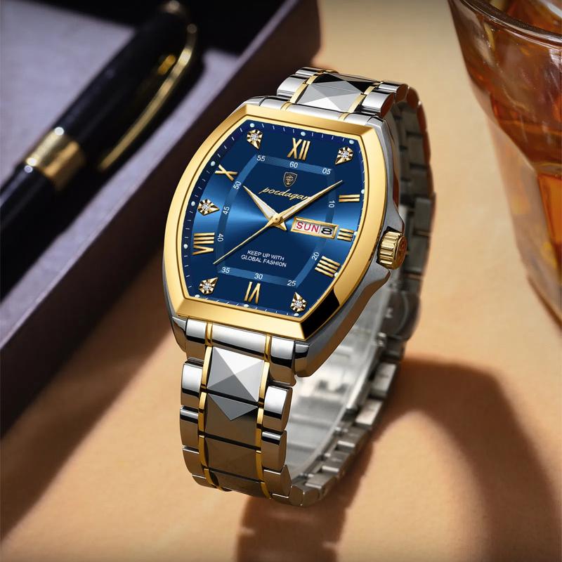 POEDAGAR Stainless Steel Watch Men Luxury Brand Business Luminous Waterproof Male Clock Tonneau Case Calendar Men Quartz Wristwatches