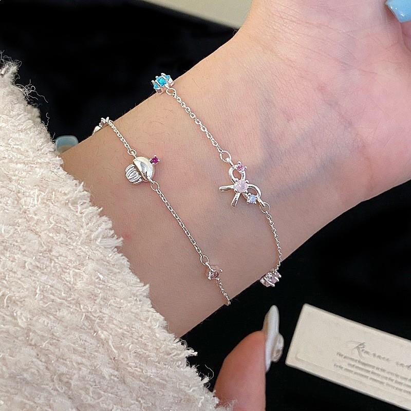 Pink Zircon Star Butterfly Knot Bracelet Women Delicate Sweet Style Copper Alloy Adjustable Stackable Wrist Jewelry