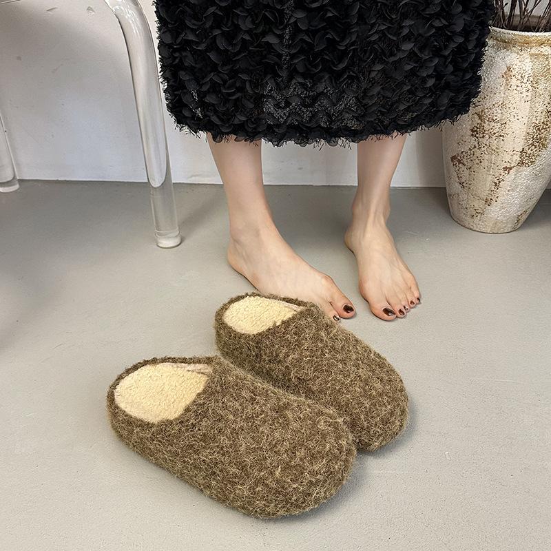 Retro niche evening wind woolen bag head half slippers women wear lazy people pedal thick-soled Mao Mao Boken shoes