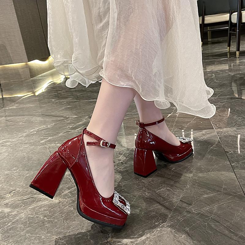 

Fashion Beige High Heels Retro Women Shoes Square Toe Chunky Sandals Mary Jane Increasing Height Sexy Pump Footwear 12cm Casual 35 вино красного
