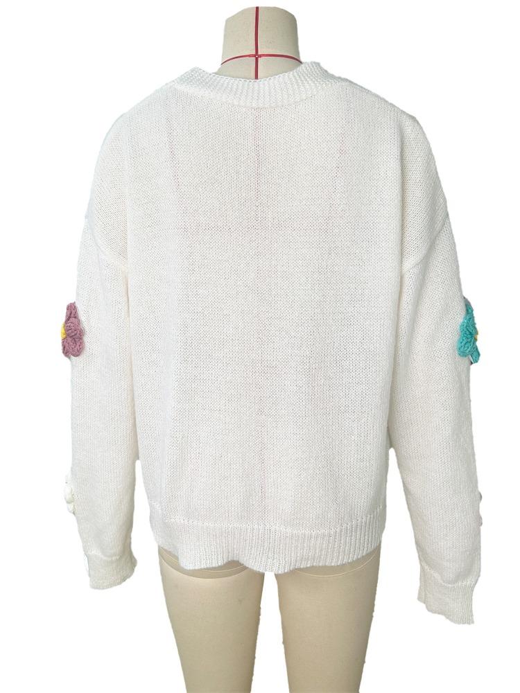 Jesienny Wzór Kwiatowy Zapinany Sweter Dzianinowy Ręcznie Zszywany Uroczy Luźny Sweter z Długim Rękawem Kobiety Mieszanka Wygodna Podszewka Długi Rękaw Sweter