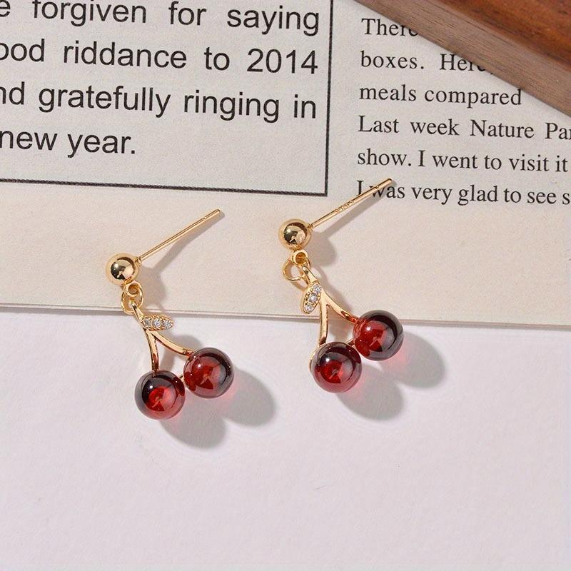 Ladies' Golden Cherry Earrings, Embellished with Red Beads, Simple Style Sweet and Fresh Design, Cute Cherry Shaped Accessories.