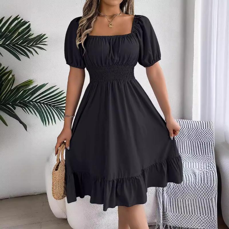 Women's Spring/summer Casual Square Collar Short Sleeve Waist Pinched A-line Dress