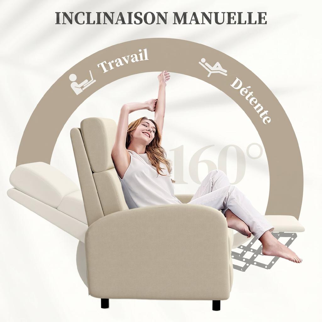 Reclining Armchair, Up To 160 Degrees, Integrated Footrest, Max Load 120 Kg, Cream