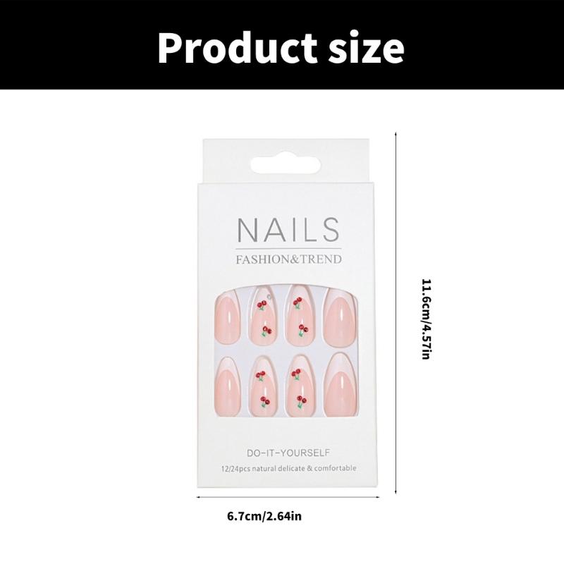 French Style Press On Nail 24 Pcs Glossy Finish Stick on Nail with Fruit Designs Suitable for Work and Social Event