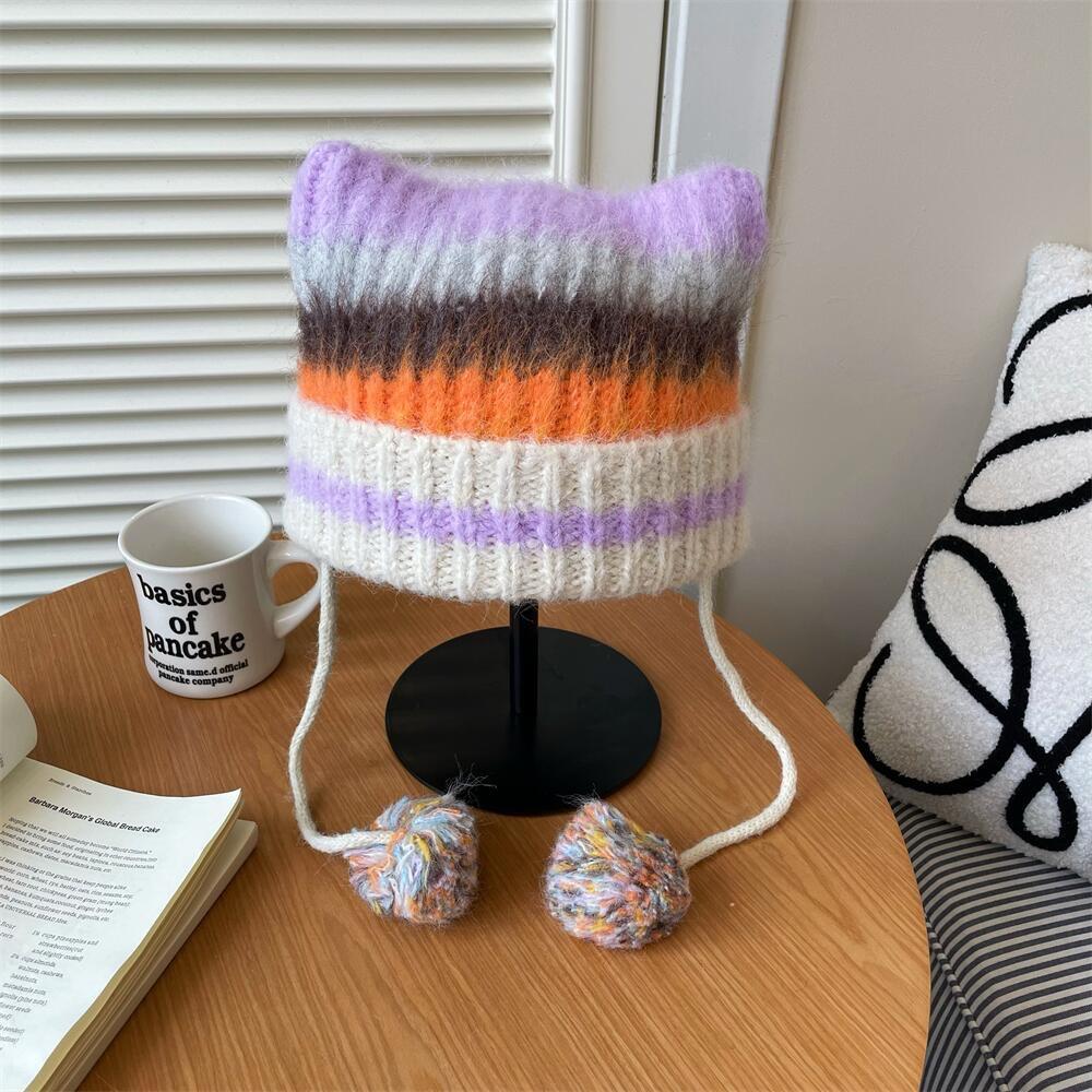

Korean Niche Retro Plush Striped Knitted Hat for Women In Autumn and Winter Warm Ear Protection Hat Handmade Dopamine Wool Hat M（56-58cm）