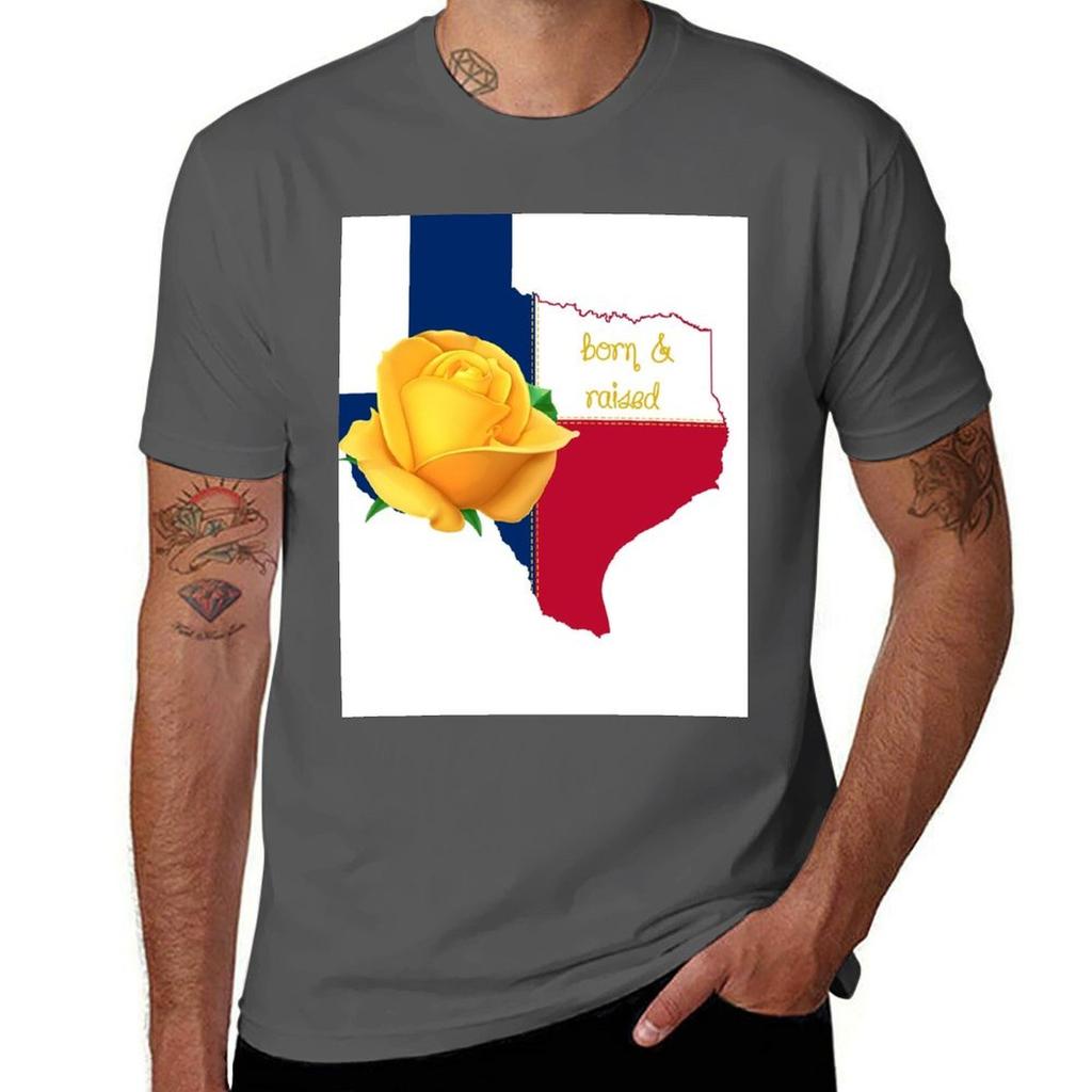 Texas Born And Raised Yellow Rose And Flag Tshirt Gym Exercise Short Sleeve Tshirt