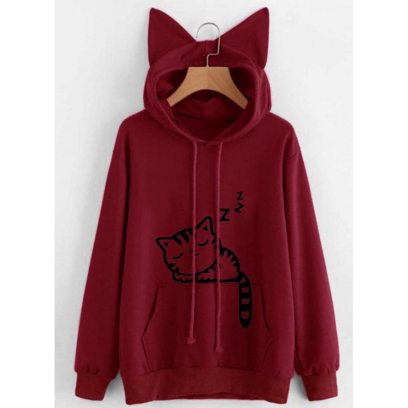 Women's Cat Print Fleece Hoodie - Spring/Autumn Collection