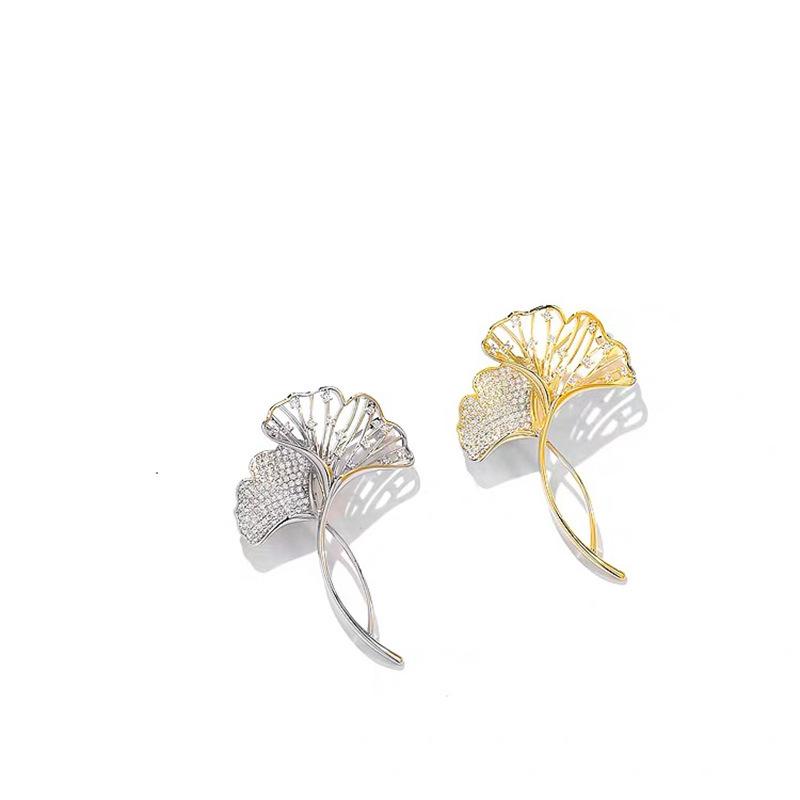 High-End Ginkgo Biloba Leaf Diamond-Encrusted Pearl Pin Brooch Temperament Dual-Purpose Anti-Light Clothes Accessories