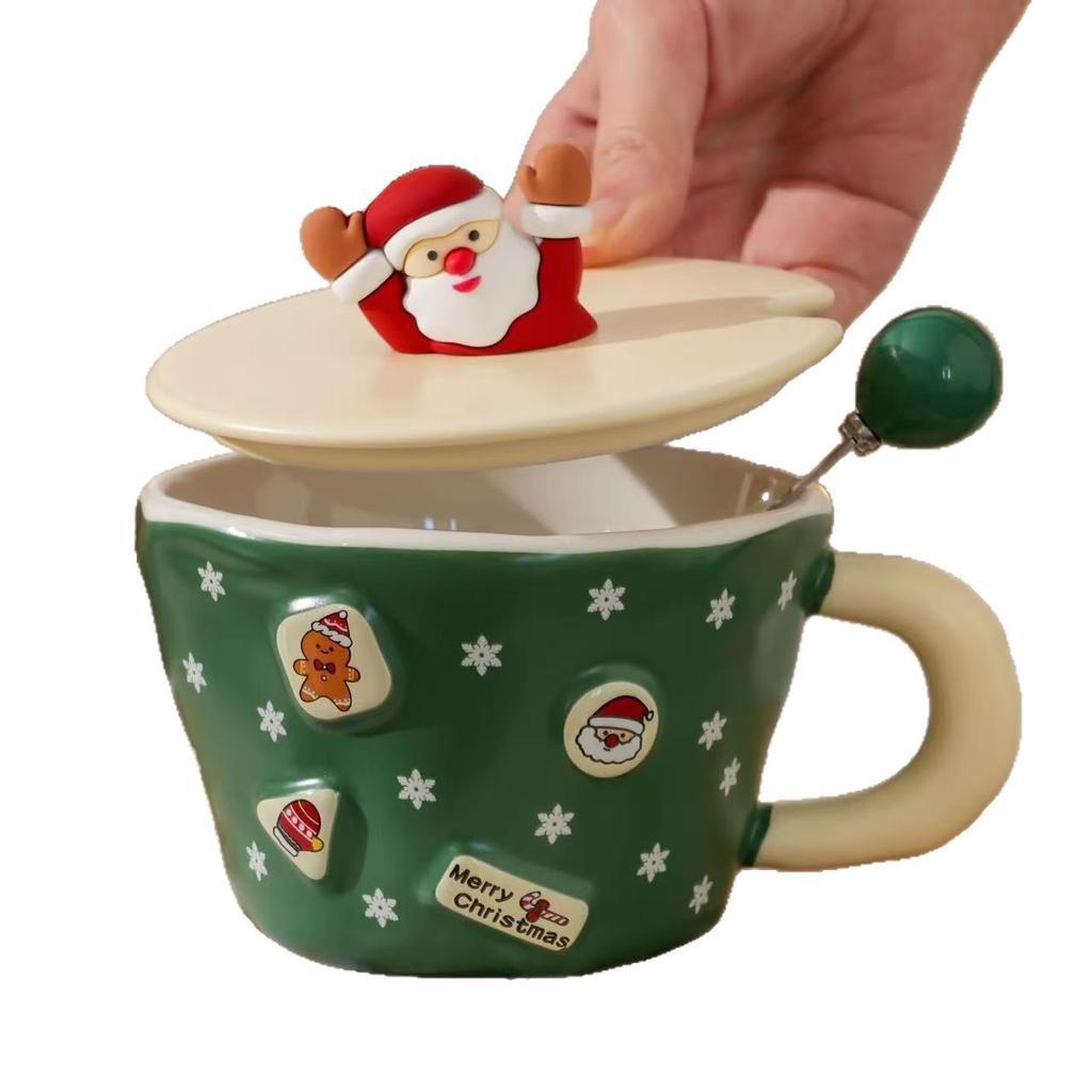 Embossed Santa Claus Mug With Lid Spoon High Value Christmas Cartoon Creative Christmas Gift Ceramic Cup