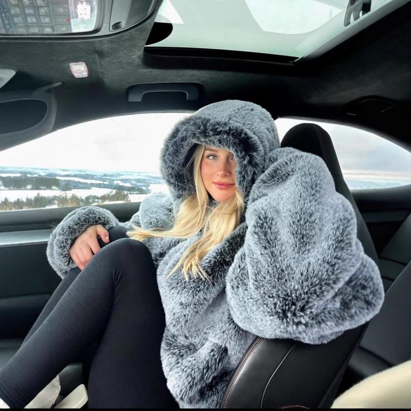 Womens Gradient Black White Dip-Dye Hooded Faux Fur Jacket Winter Warm Cozy Outerwear