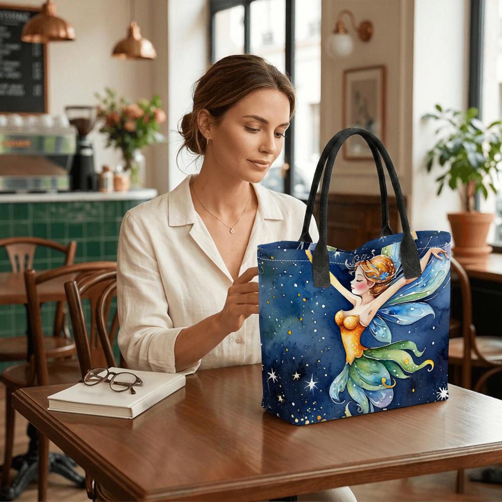 Fairy Print Tote Bag Casual Canvas Shoulder Bag for Daily Use