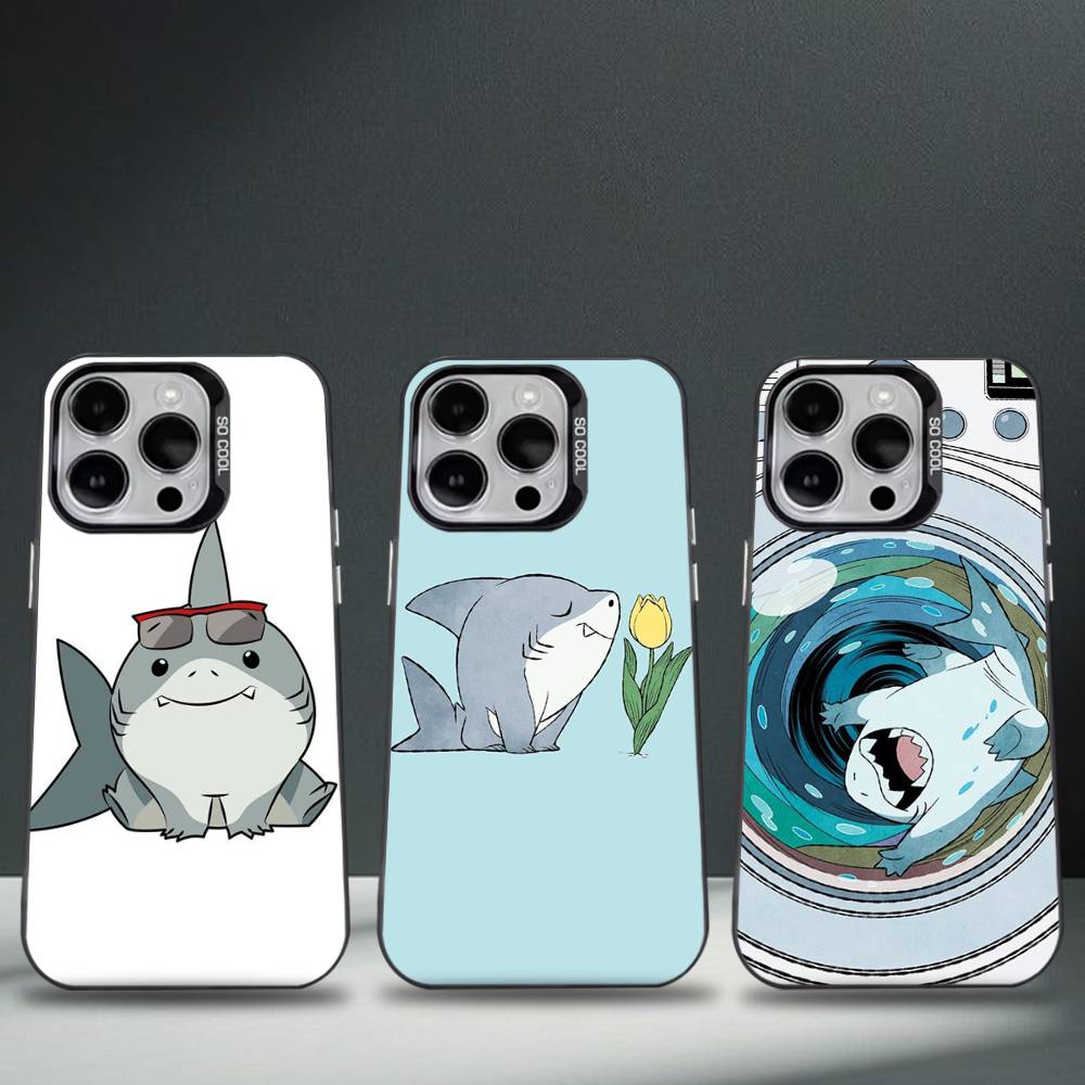 Cartoon Cute Shark Phone Case For iPhone 16,15,14,13,12,11,8,7,Pro,Max,Plus,Mini,XS,SE Anti Fall Black Matte Hard