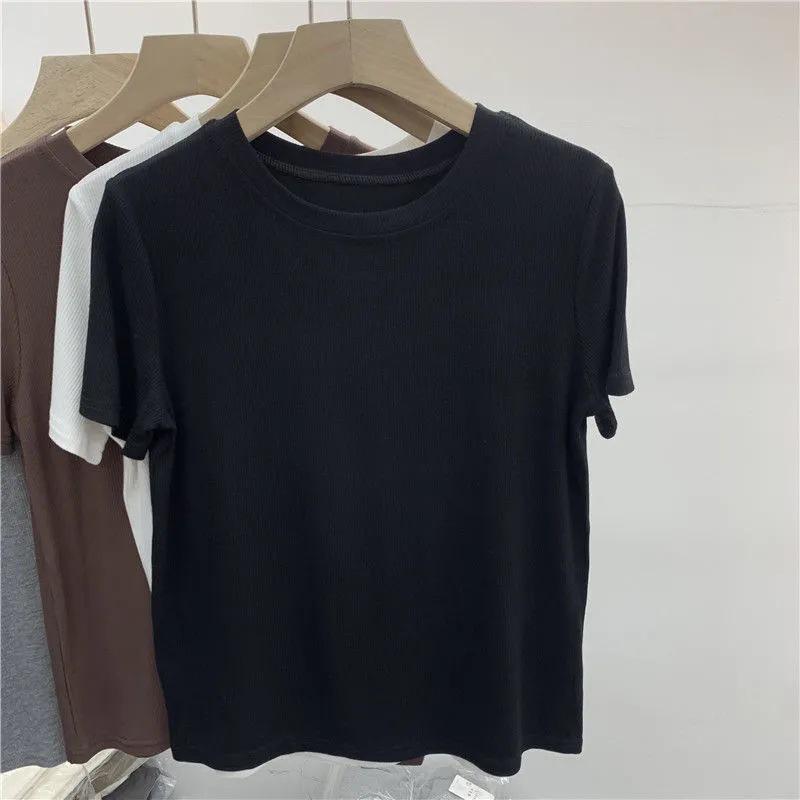 

Женская приталенная футболка в рубчик с круглым вырезом - Европейский стиль, однотонная, лето 2024 M (80-100 jin) чёрный