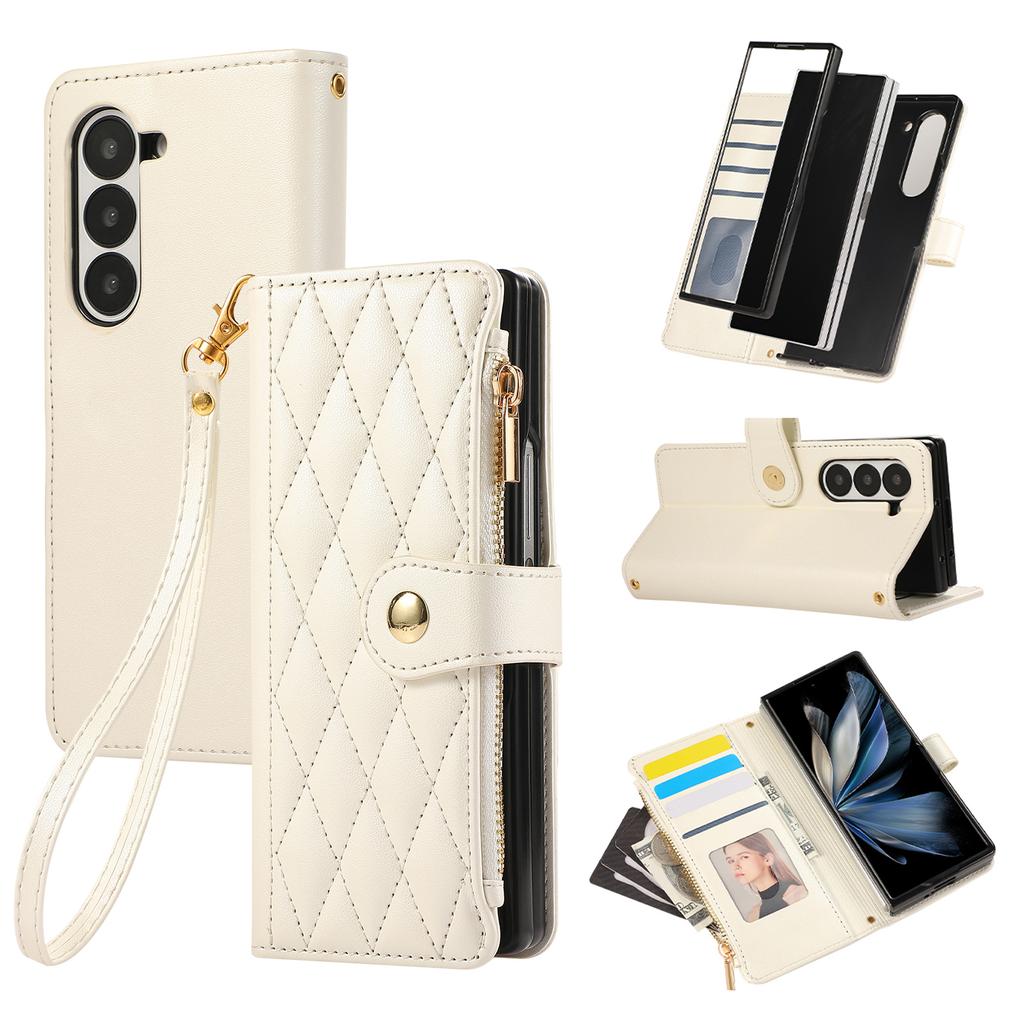 For Samsung Galaxy Z Fold6 5G Case Multi Card Slots Zipper Rhombus Leather Phone Cover with Wrist Strap