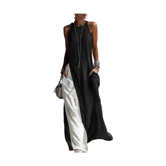 

Женское струящееся длинное платье-майка с разрезом сбоку, круглым вырезом, без рукавов, макси, летнее, повседневное, пляжное, сарафан с карманами S чёрный