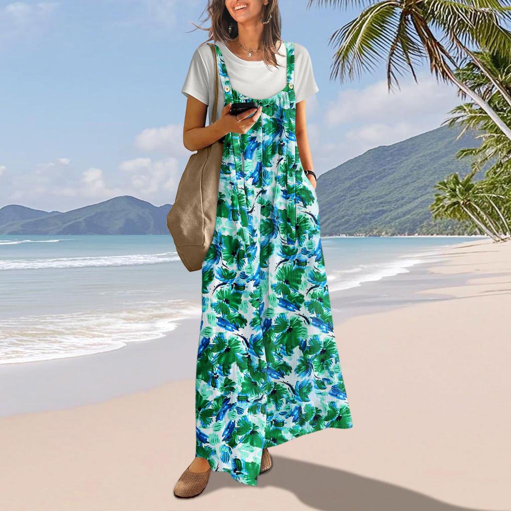 Casual Wide Leg Jumpsuits For Women Boho Floral Pleated Overalls Rompers Summer Outfits With Pockets