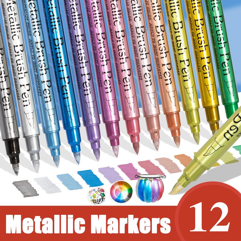 12 Colors Dual Tip Brush Metallic Paint Markers Pens Gold Silver Color Permanent Art Marker For Manga Crafts Stationery Supplies