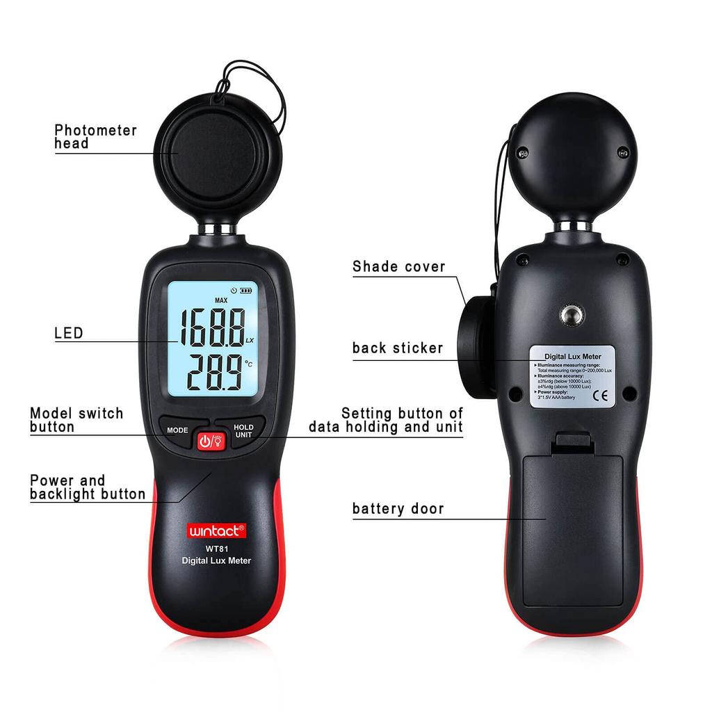Wintact Digital Illuminance Lux Lux Ambient Temperature for and Home Use Meter, Meter, 200,000 Lumens, Meter, Outdoor, Environmental, Plant,