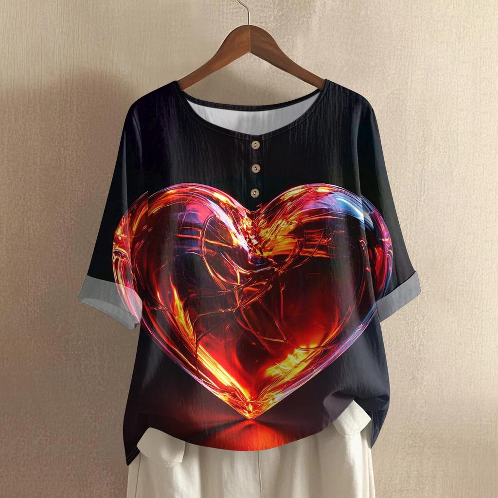 Damska casualowa i wygodna bawełniano-lniana bluzka z okrągłym dekoltem, średniej długości, z modnym nadrukiem