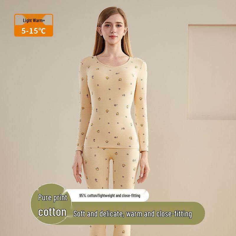 Women's Pure Cotton Cartoon Print Warm Underwear Set - Autumn/Winter Thin Base Layer Sweater & Leggings