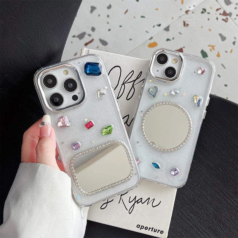 Iphone16 Transparent Glitter Mirror Mobile Phone Case Is Suitable For Apple 17 Rhinestone 15 Light Luxury 13 Makeup Mirror Gem Soft