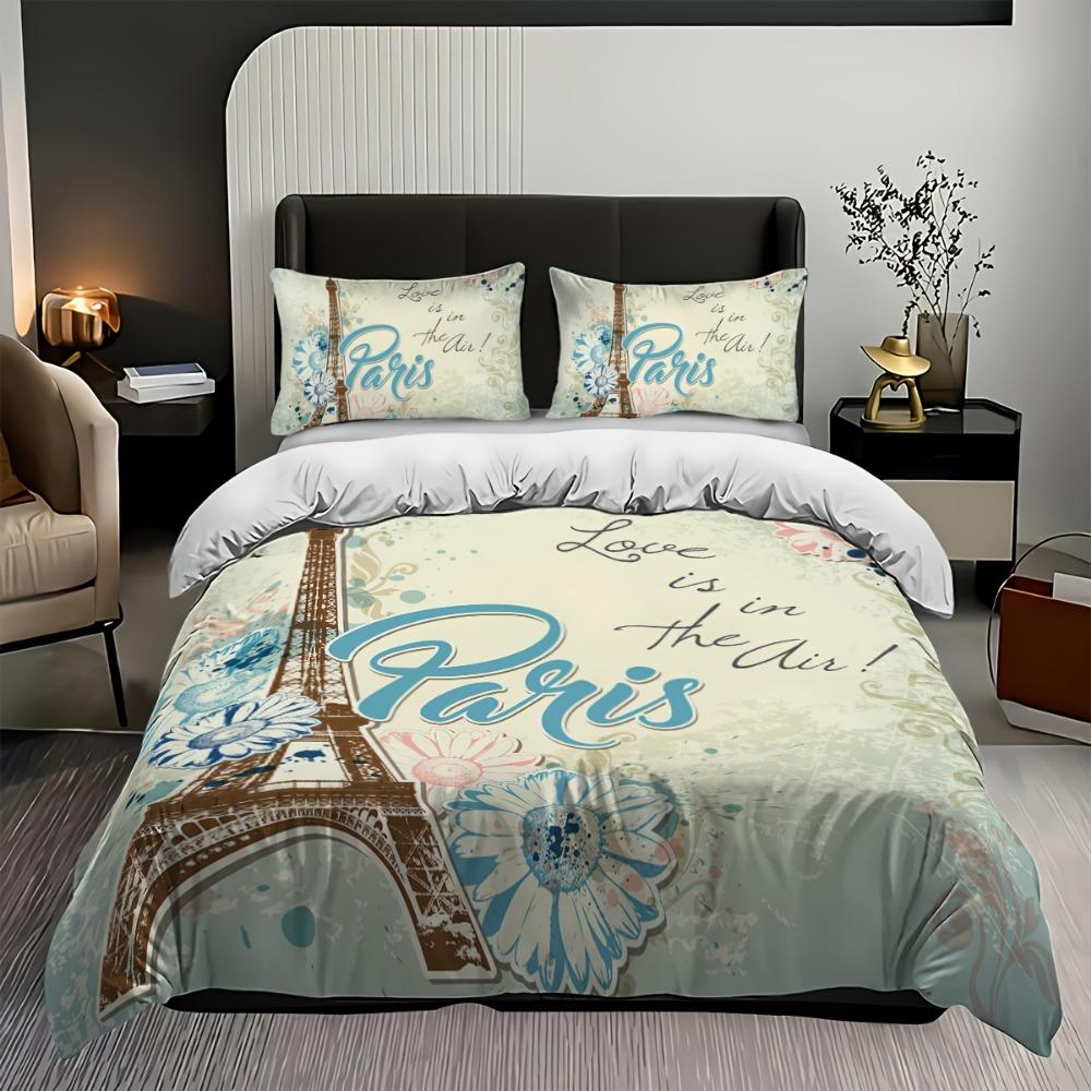 3pcs Bedding Set Paris Eiffel Tower 3D Printed Cozy Duvet Cover King Queen Twin Size Birthday Gift for Adult Girl Bedroom Decor