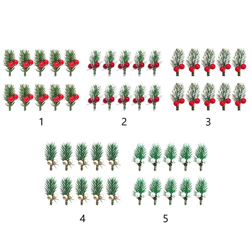 10PCS Green Artificial Pine Branches DIY Accessories Home Decoration Christmas Red Berries Stems Wrapping Wedding Ornament
