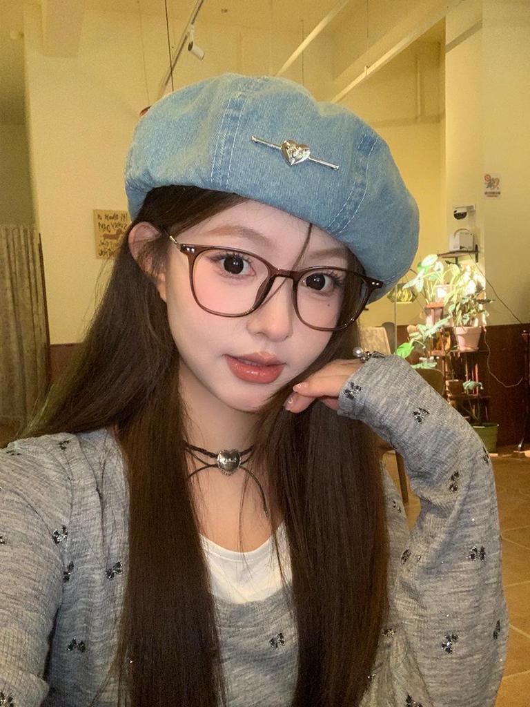 Women's Japanese Denim Heart Beret - Sweet & Versatile Octagonal Painter’s Hat for Large Heads