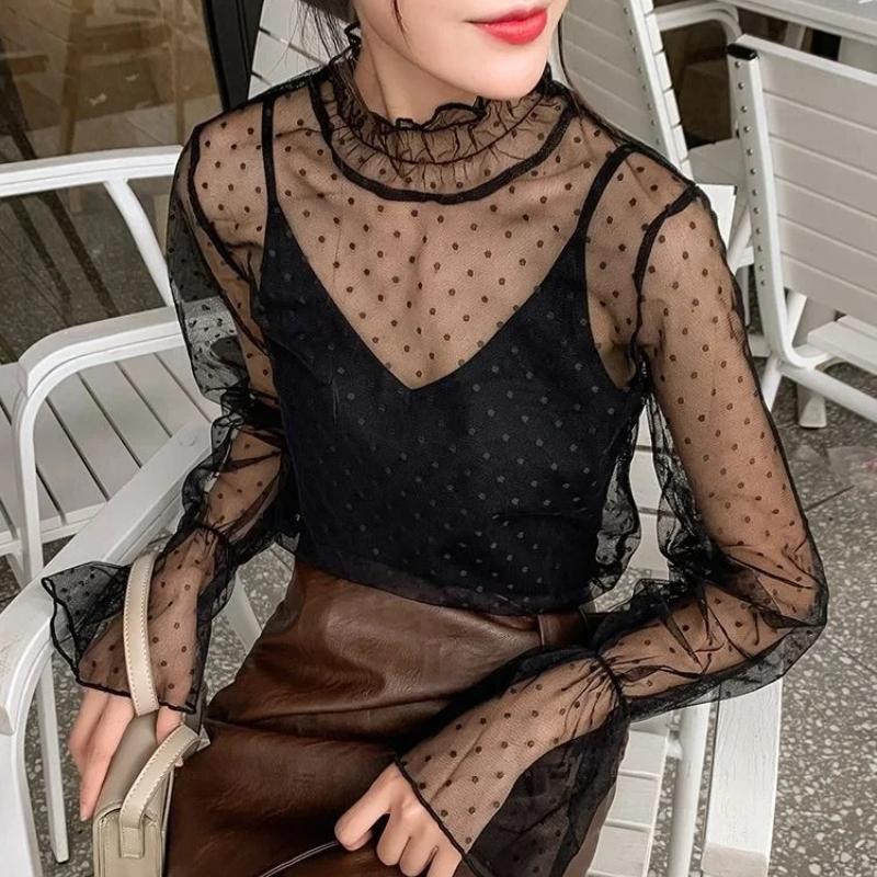 Dámské Sexy Síťované Průhledné Tričko Dlouhý Zvonový Rukáv Výstřihy Letní Průhledná Základní Tričko