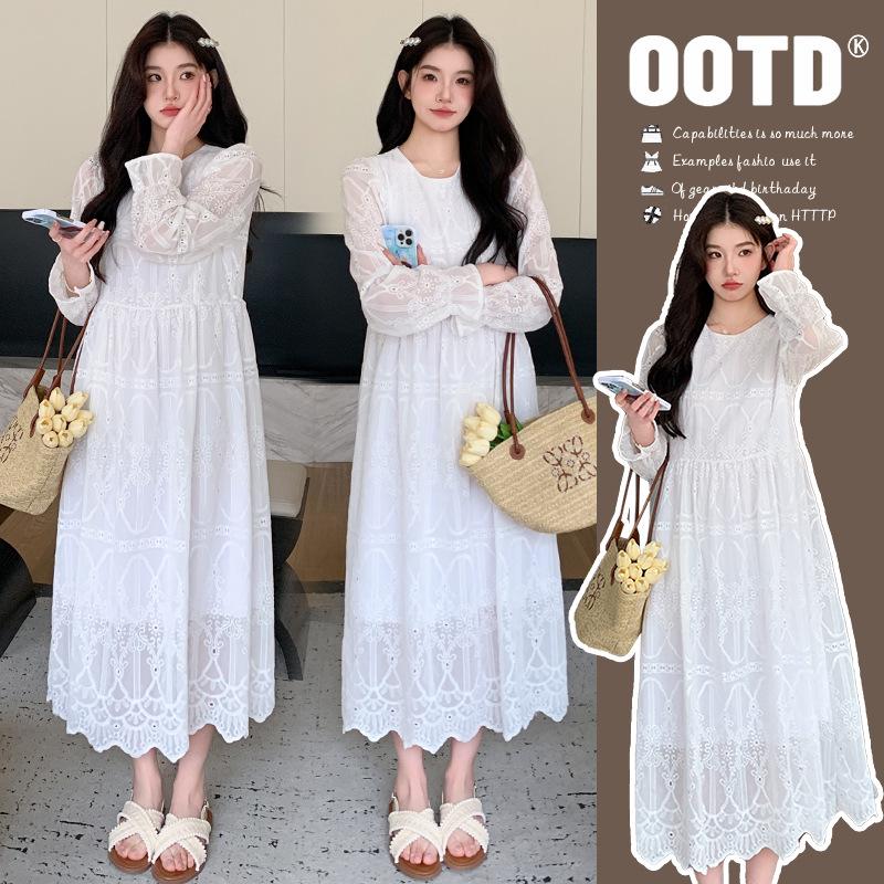 2024 Spring Korean Style Embroidered Round Neck Long Sleeve Elegant Maternity Plus Size Dress XL