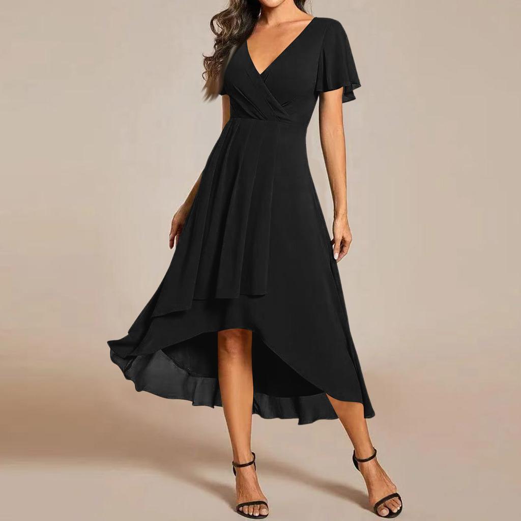 Women's Summer Dress Slim Fit Dress Color Chiffon V Neck Short Sleeved Dress
