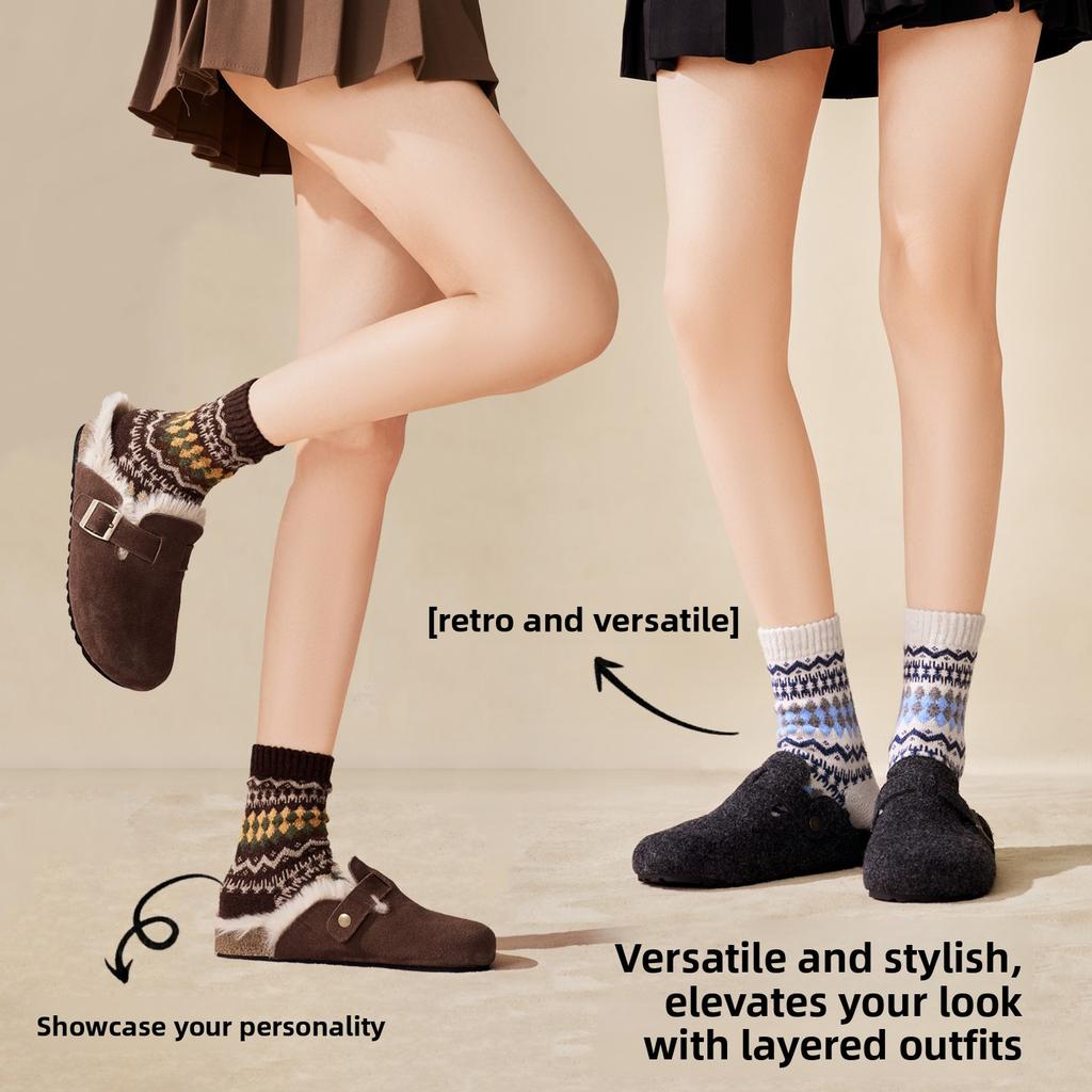 Wool Socks - Children's Vintage Fair Isle Ethnic Style Mid-length Socks for Winter, Thick and Warm Pile Socks