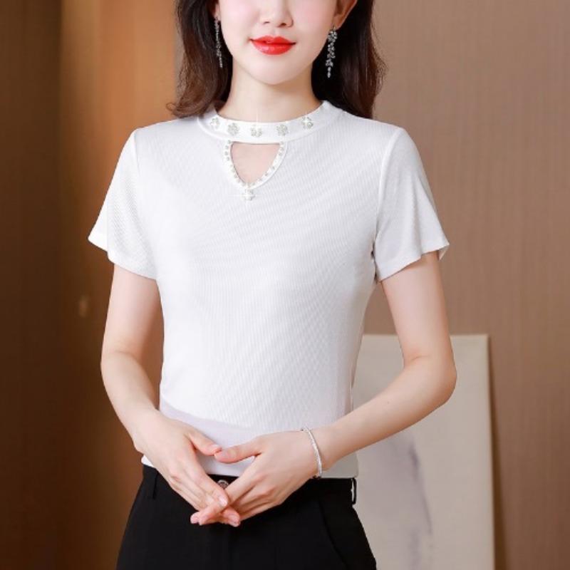 Ice Silk Shirt for Women Short-sleeved T-shirt In Summer New Slim and Versatile Modal Solid Color Thread Base Shirt Top