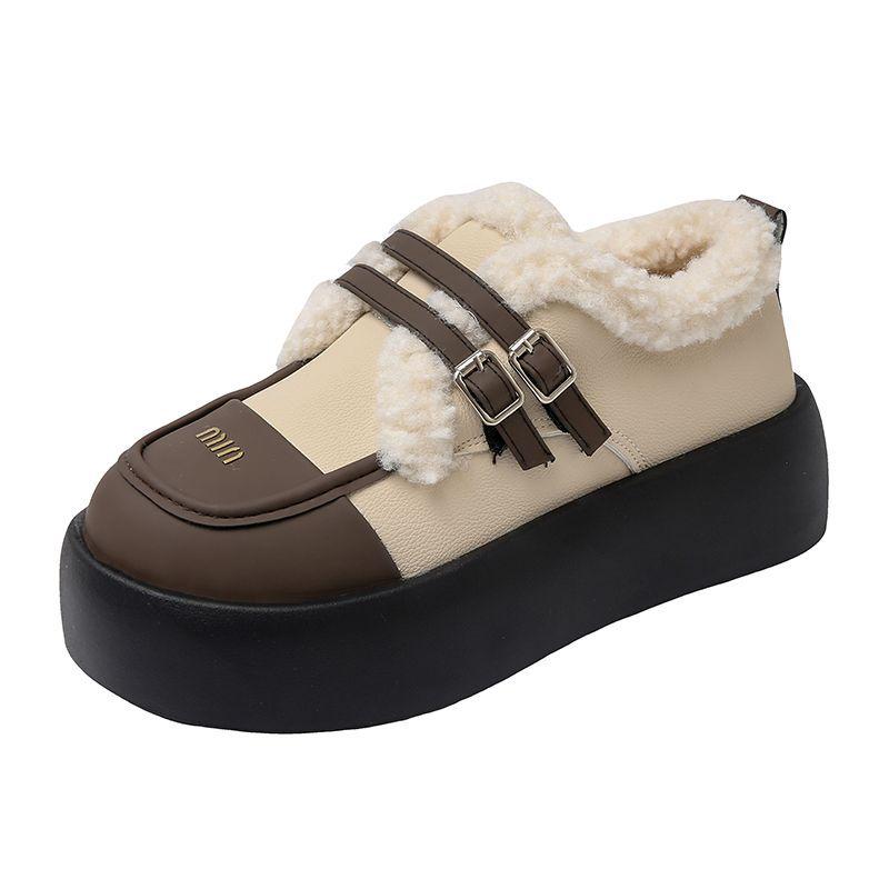 Dámské mokasíny na silné podrážce, kožené Mary Janes s velurovou podšívkou, podzimní/zimní teplé bavlněné boty, britský styl, off-white/černé.